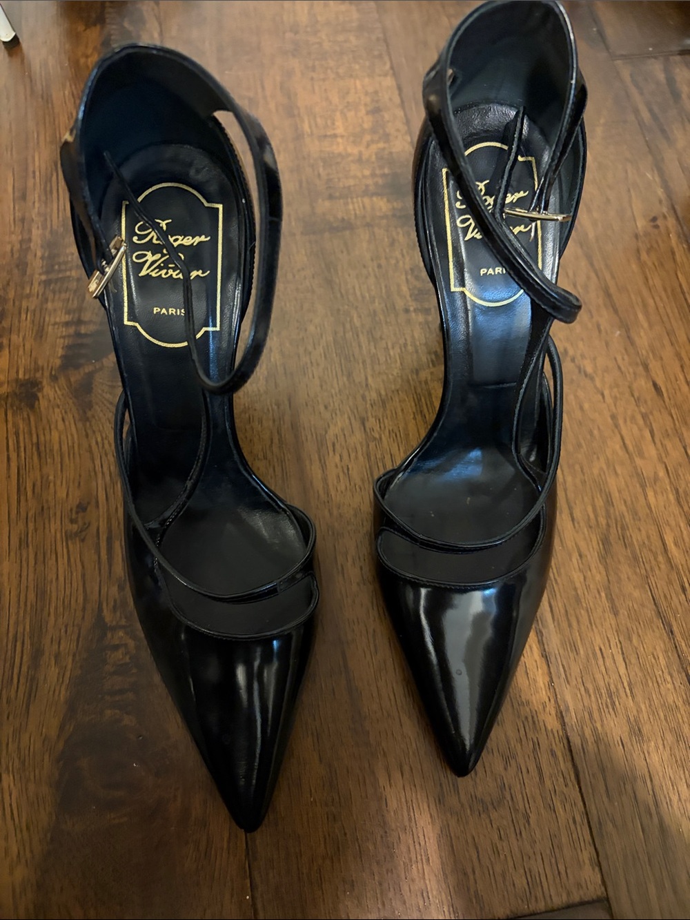 Roger Vivier Black Patent Pointed-Toe Ankle-Strap Heels